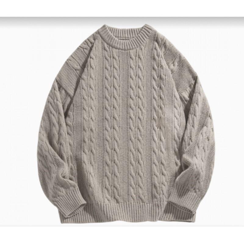 Unisex Japanese Retro Cable Knit Sweater, Round Neck, Loose Fit, Casual Autumn Style
