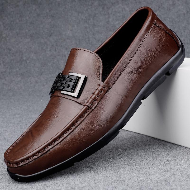 Fashion Advanced Texture Lightweight Genuine Leather Men's Formal Leather Shoes Handmade Soft Comfortable Non-slip Casual Men Bean Shoes