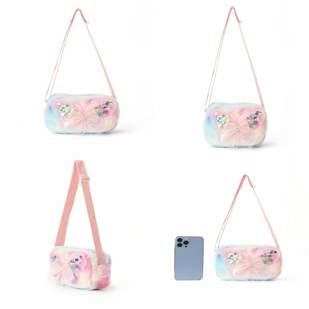 Kids Pink Butterfly Pattern Polyester Fluffy Shoulder Bag For School And Outings