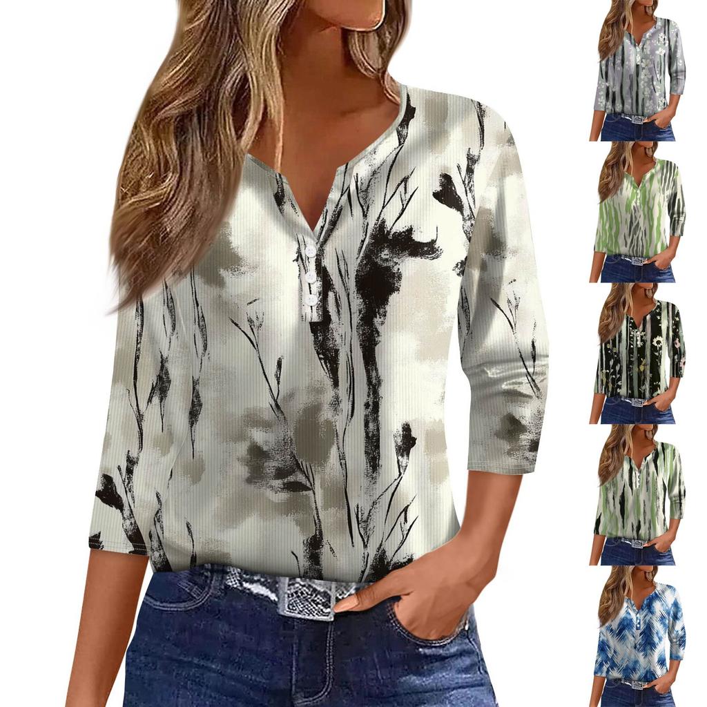 Damski T-shirt Koszulka Nadruk Guzik Rękaw 3/4 Tunika Codzienna Weekendowa Moda Podstawowy Dekolt V Regularny Top