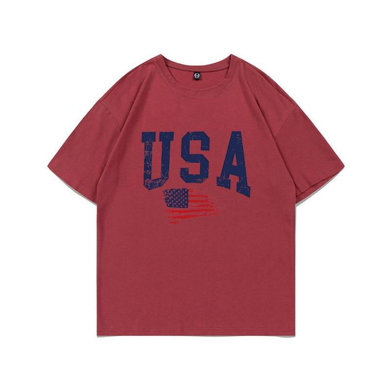Summer Pure Cotton Short Sleeved Flag Letter Combination Printed Shoulder Down Women's T-shirt Fashionable Casual Women's Top T-Shirts Women’s