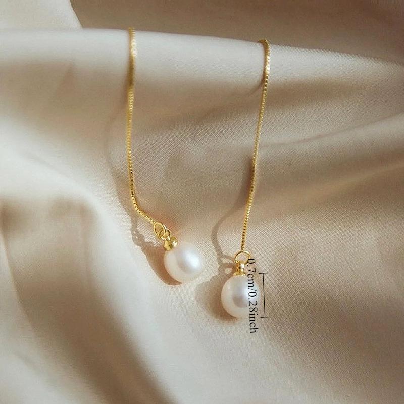 Gold Plated Pearl Threader Earrings, Delicate Long Chain Drop Earrings for Women
