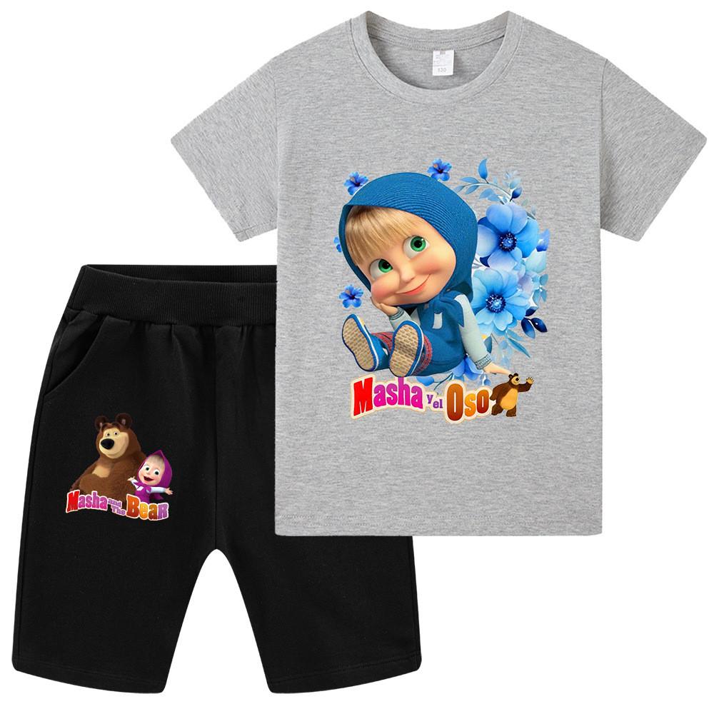 

WA1346 Multi-color Casual Kids Girls Masha Bear Print Short Sleeves T-shirt Shorts Sets 140cm