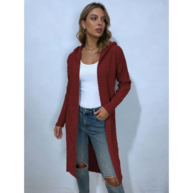 Womens Oversized Crochet Cable Knit Hooded Cardigan Long Sleeve Loose Fit Sweater In Solid Colors