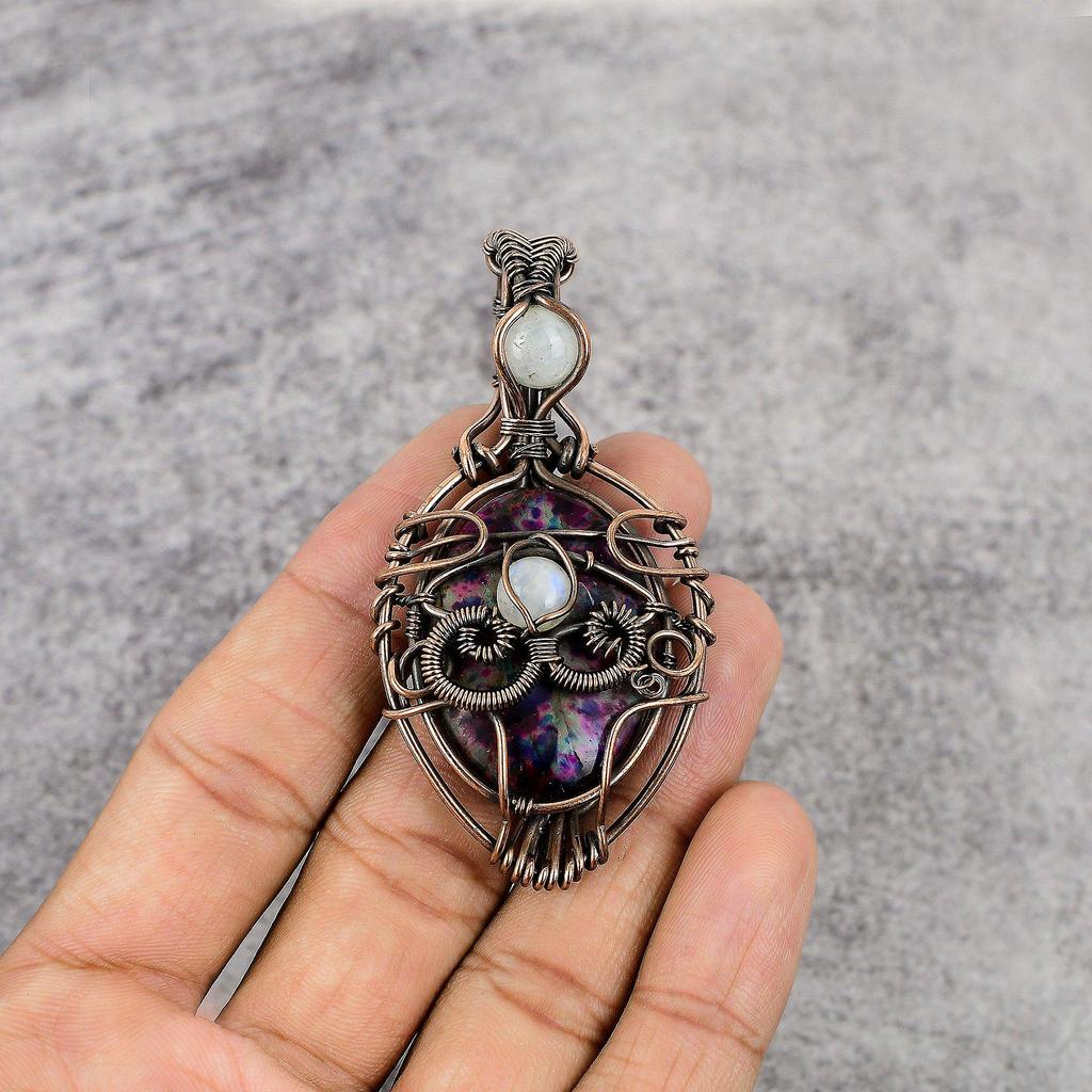 Multi Flash Labradorite & Rainbow Moonstone Pendant, 999 Copper Wire Wrapped Jewelry, Gemstone Jewelry, Handmade Pendant, For Wedding Gift