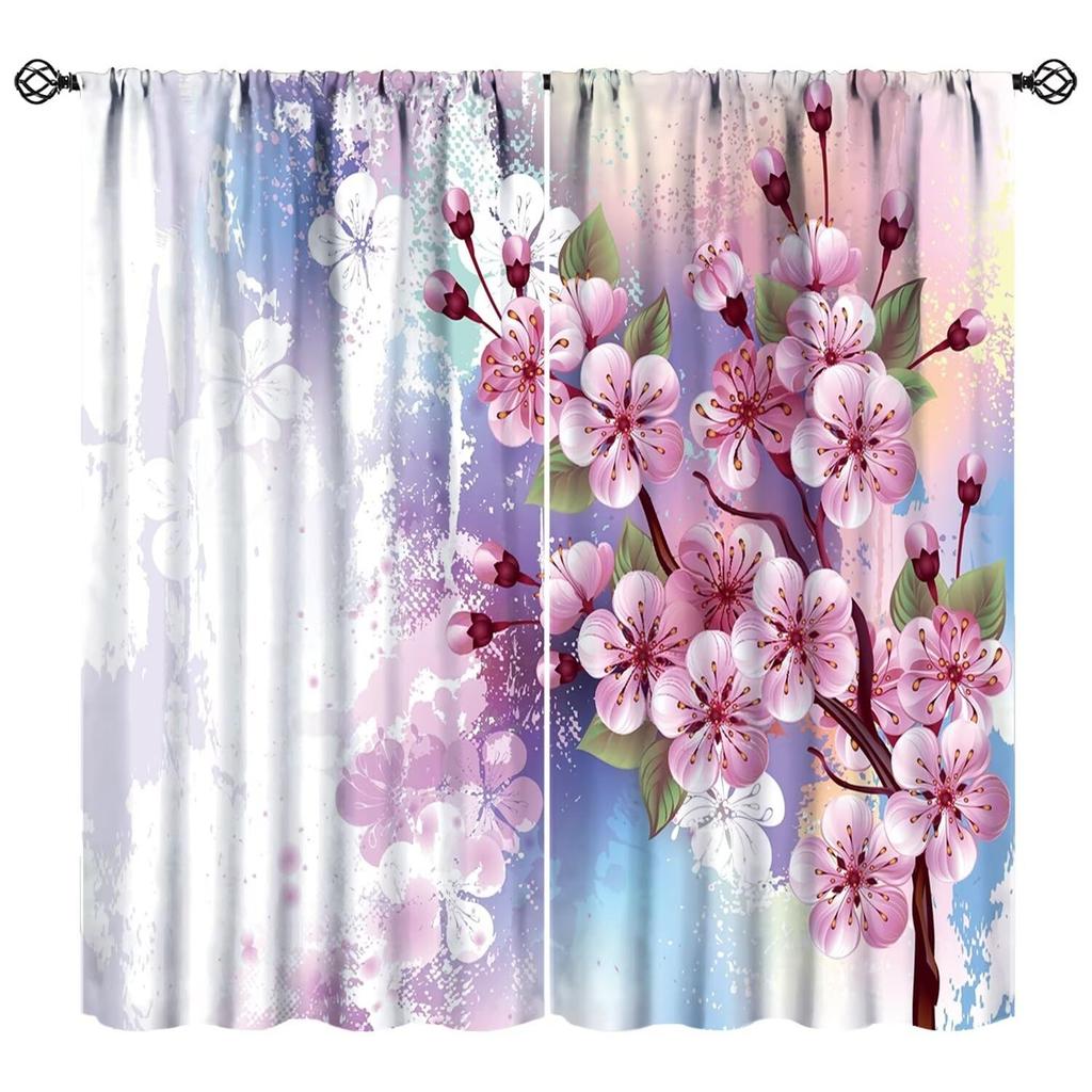 Floral Curtain Spring Romantic Pink Cherry Blossom Print Curtains Girls Women Bedroom Living Room Kitchen Decor With Light Blocking Polyester Perfect