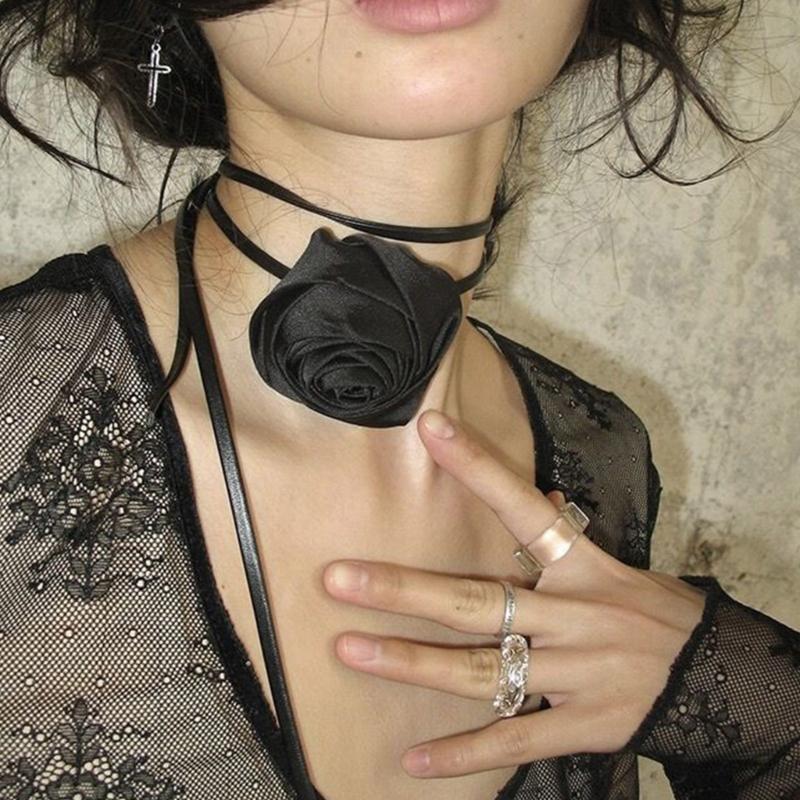 Fashion Silk Rose Flower Choker Necklace Long Lace-up Choker Temperament Neckband Jewelry Clavicle Chain Necklace