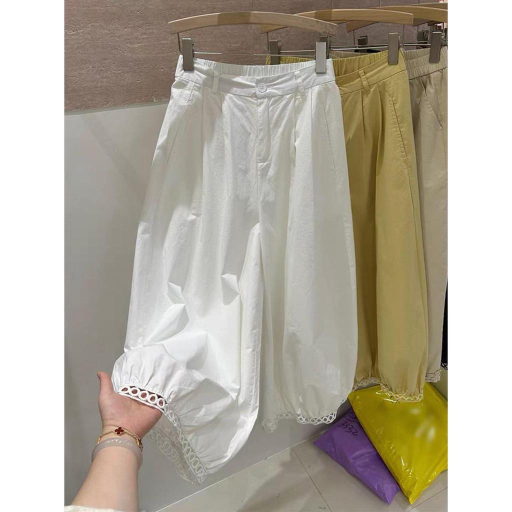 Women's Korean-Style Lace Trim Lantern Pants - Summer 2025 Nine-Point Plus Size Slimming Wide-Leg Balloon Design