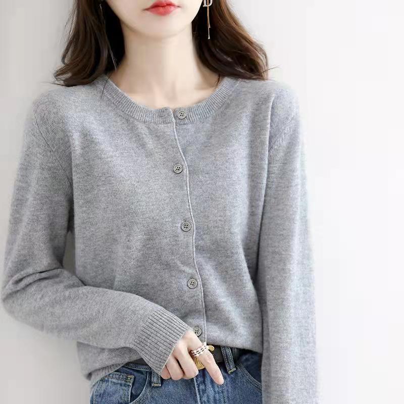 2023 Autumn/Winter Women's Korean-Style Camel Cardigan, Round Neck, Single-Breasted Knit Sweater.
