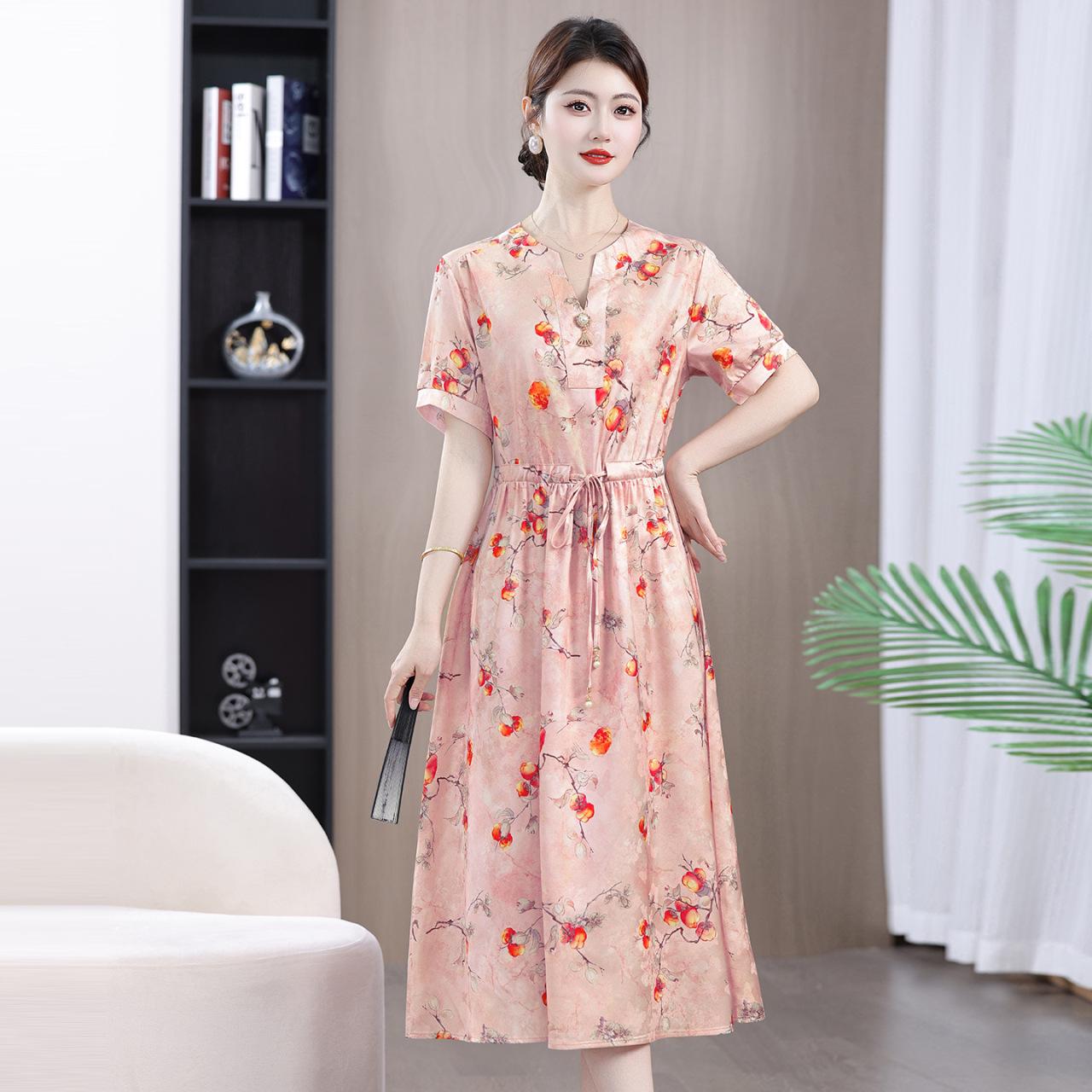 

2026 Summer V-Neck Waist-Cinching Short-Sleeve Printed Cotton Linen Dress 2XL (52.5-60 kg) рожевий