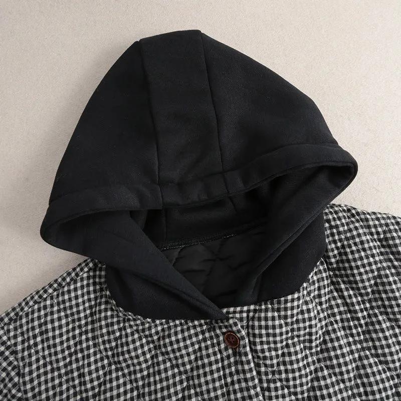 Women's Fall and Winter Loose Casual Hooded Warm Jacket Spring Long-sleeved Short Plaid Jacket