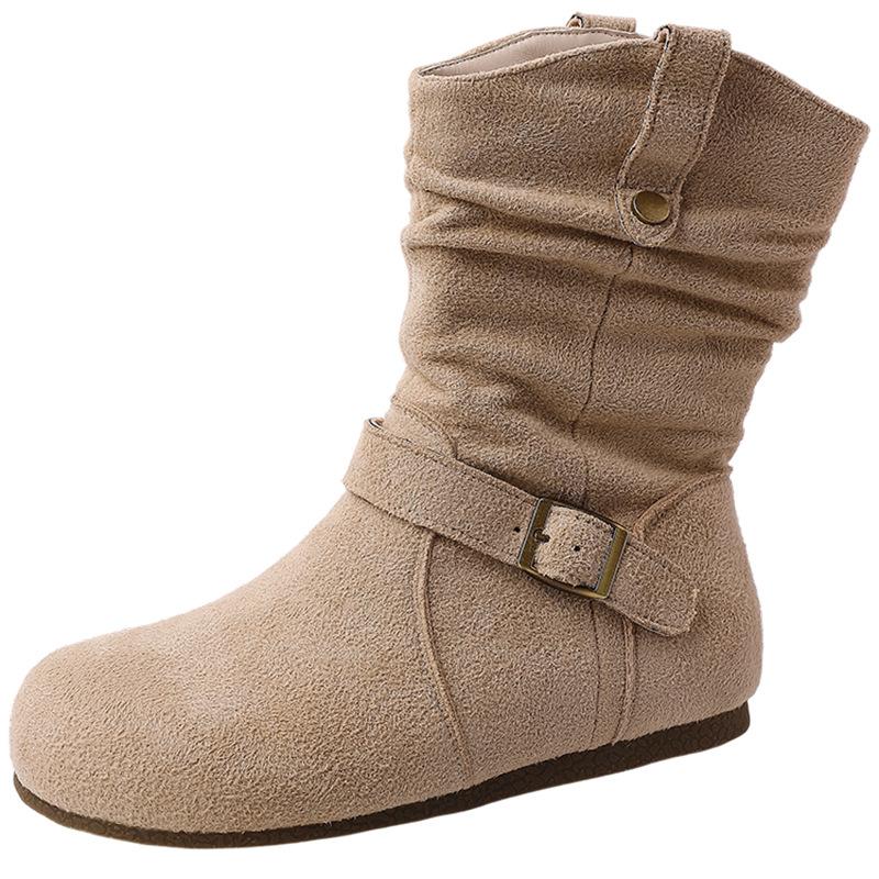 Western cowboy boots Martin boots women's shoes retro suede buckle 2025 new summer design pleated small short boots