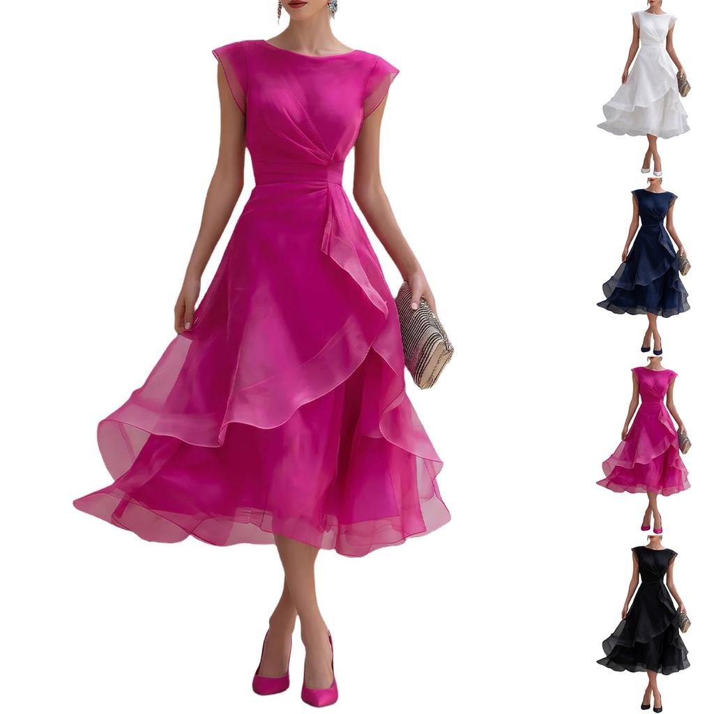 Women's Sleeveless Color Ruffled Hem Mesh Dress for Summer Parties