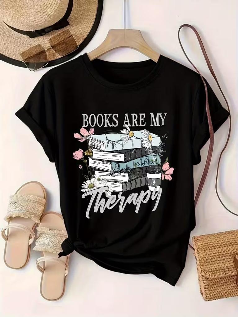 Womens Black Short Sleeve TShirt I Like Books More Than I Like PeopleFront Print with Floral Book Design Top for Book Lovers