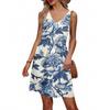 Women's Summer V-neck Casual Beach Vacation Style Retro Floral Print Sleeveless Patchwork Dress