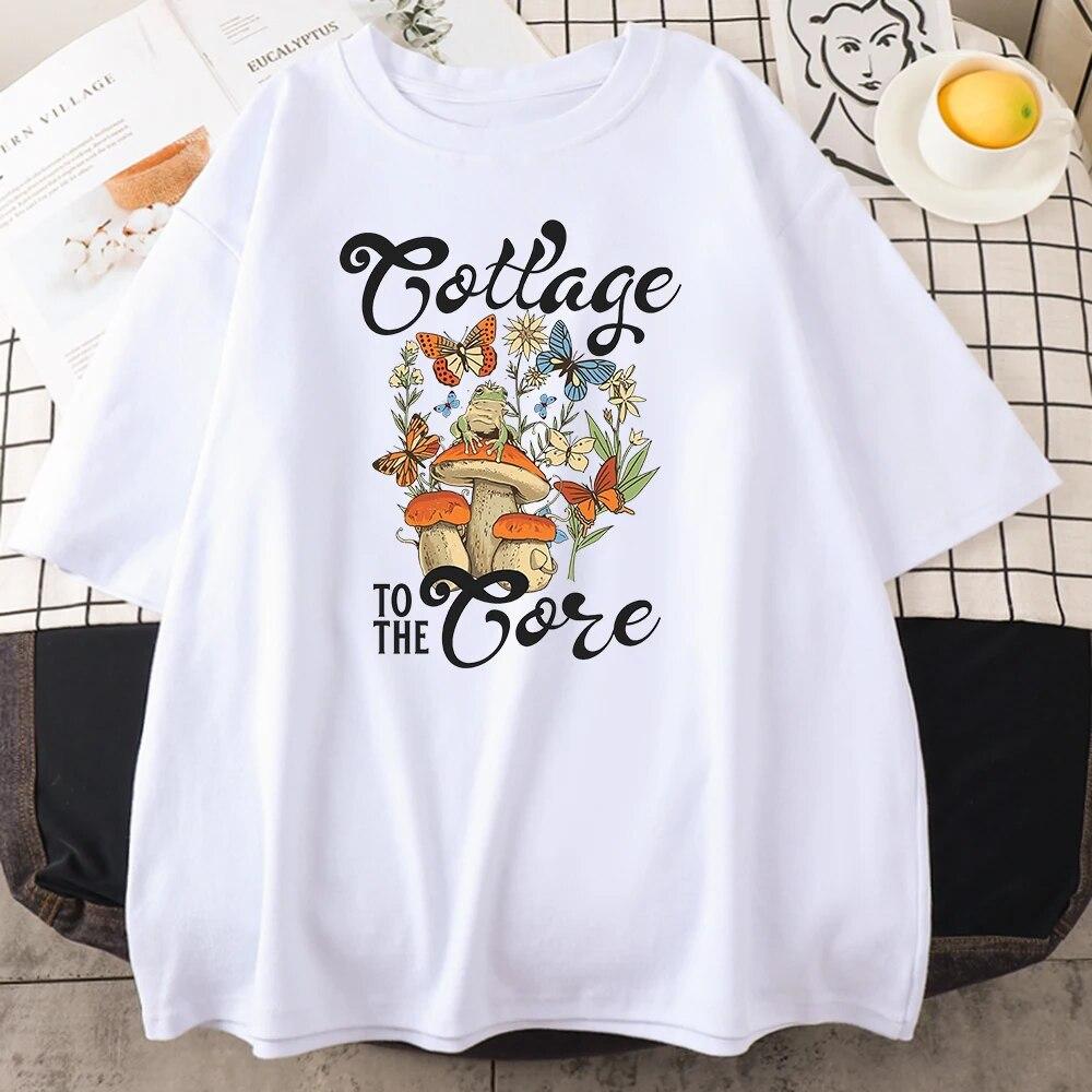 Cottagecore Estetika s žabí houbou Květinové topy Unisex trička nadměrné velikosti Volná letní trička Nové trička ze 100% bavlny