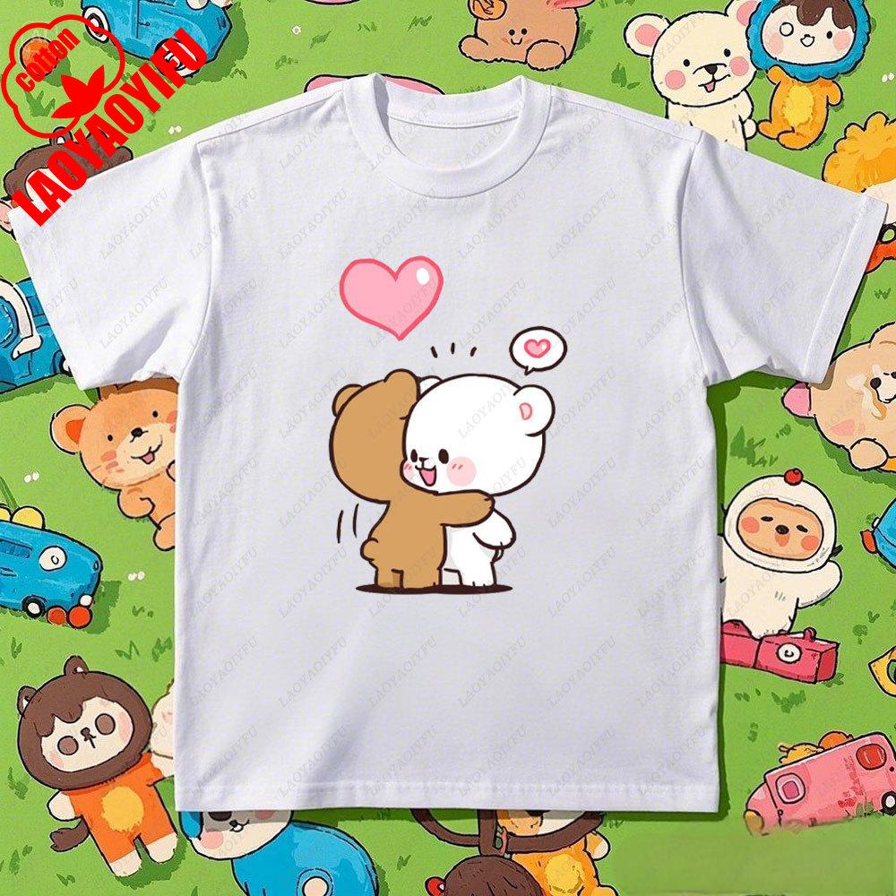 Kawaii Couple Tshirt Matching Milk and Mocha Cartoon Anime Print Cotton Unisex Women TShirt Couple Tee Summer Casual Shirt Tops