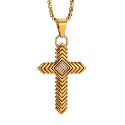 Men's Titanium Steel Cross Necklace with Diamond Inlay and Geometric Texture