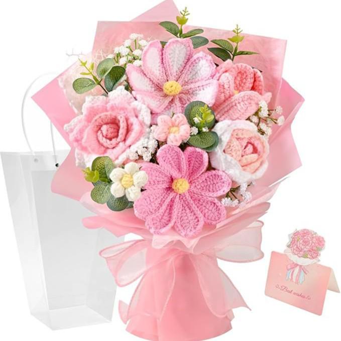 Handmade Knitted Yarn Bouquet: Crocheted Roses, Lilies, Tulips, and Gesang Flowers for Valentine's Day