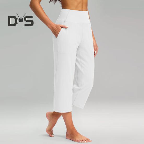 Pantaloni de Yoga pentru Femei Elastici cu Talie Înaltă, cu Picior Larg, Pantaloni Crop cu Buzunare, Pantaloni Stil Sportiv Casual