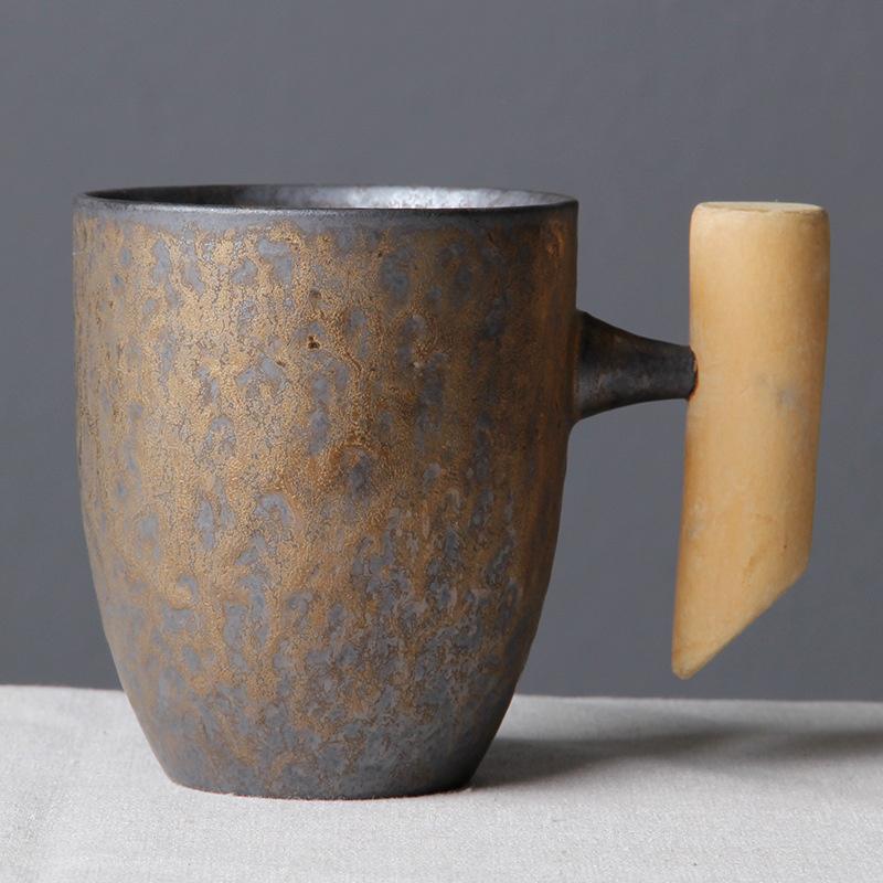 Japanese-style Retro Vintage Ceramic Manual Coffee Mug With Wooden Handle Tumbler Rust Glaze Tea Milk Beer Cup Home Drinkware