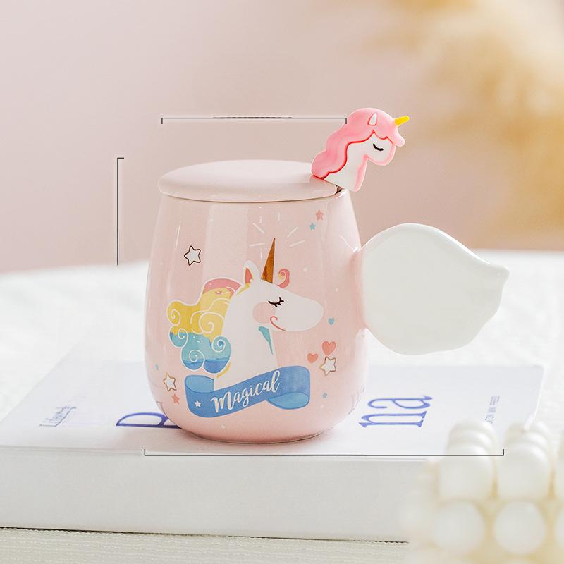 Einhorn Tasse Keramiktasse Niedliche Cartoon Tasse Hochwertig aussehende Trinktasse Becher Frühstückstasse mit Deckel Löffel
