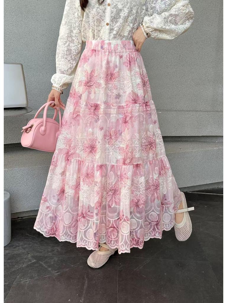 חצאית פרחונית סגולה בסגנון קוריאני: עיצוב יוקרתי, מפחית גיל, מותן אסוף