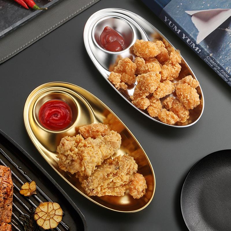 Snack Dish Dumpling Plate Golden Oval Dipping Saucer 304 Stainless Steel Tray Fries Plate Salad Dish Barbecue Seasoning Plate