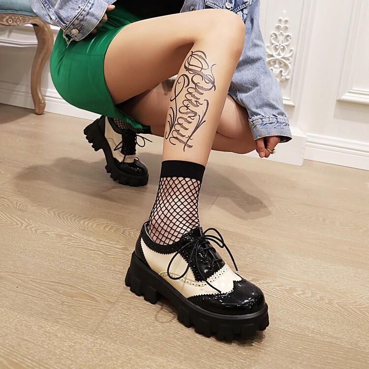 Trendy Brand Chunky Flats Platform Gothic Shoes Women Perforated British Brogues Oxfords Shoes Female Derby Flats