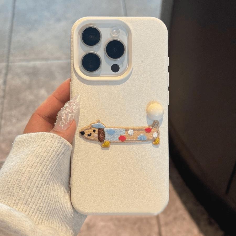 Litchi Pattern Embroidered Dog Case for iPhone 11/12/13/14/15 Pro Max