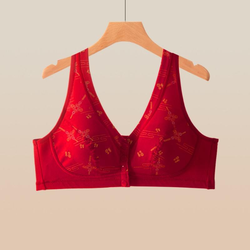 Women Cotton Vest Style Front Buckle Wireless Red Bra For Middle Aged Elderly Mothers