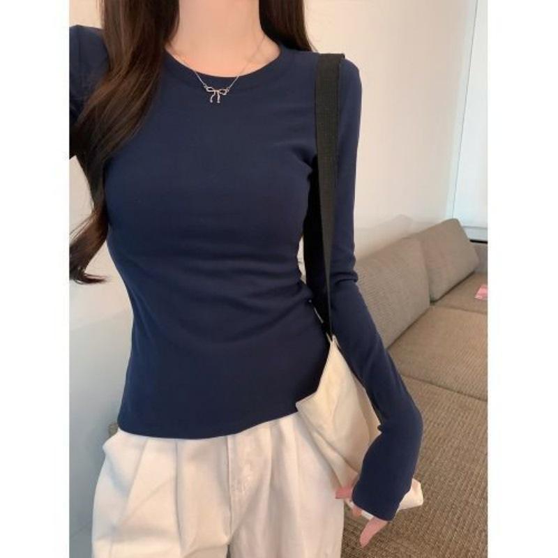 Women's Slim Fit Coffee Long Sleeve Round Neck Shirt - Tight Base Layer, Solid Color, Perfect for Spring & Autumn