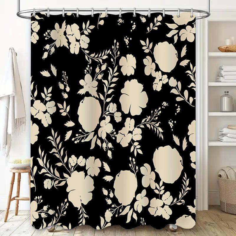Black White Floral Print Shower Curtain Bathroom Decor Waterproof Polyester Fabric Home Decoration