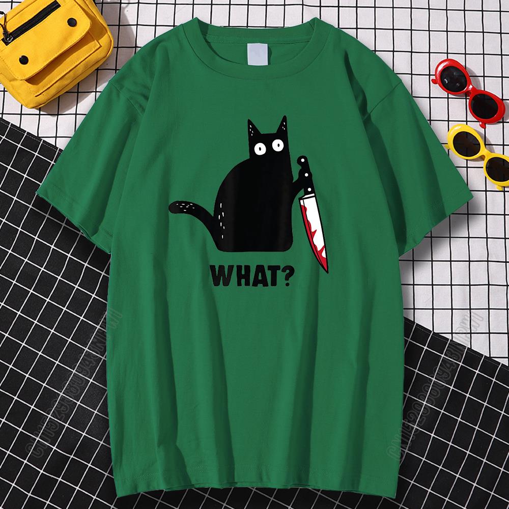 Cat What T Shirt Murderous Cat With Knife Funny Halloween Gift Cotton High Quality Men's Oversized Novelty T-Shirt Women Tee