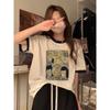 Pure cotton, summer new Korean version loose casual contrasting color cartoon printed short-sleeved t-shirt women's trend