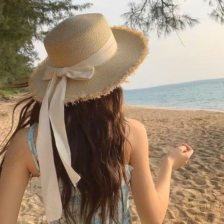 Straw hat seaside beach summer sun hat bow flat top hat sun hat rough edge vacation shade sun protection