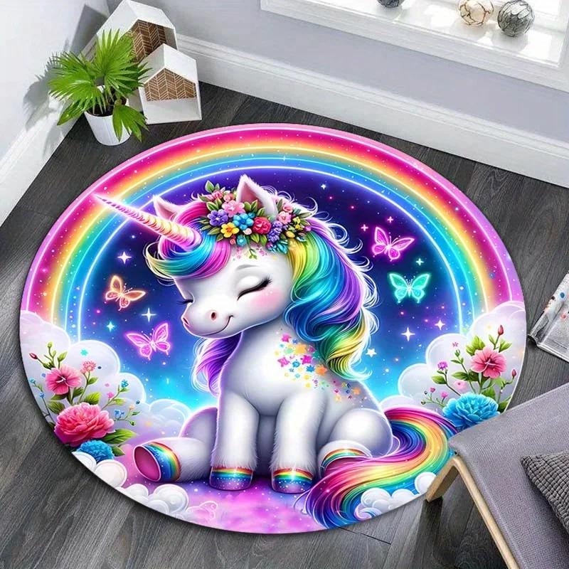 

Unicorn Soft Washable Rainbow Round Rug Counter-Slip for Living Room Children Bedroom Carpet Dining Area Home Decoration Mats Diameter 60cm(23in)