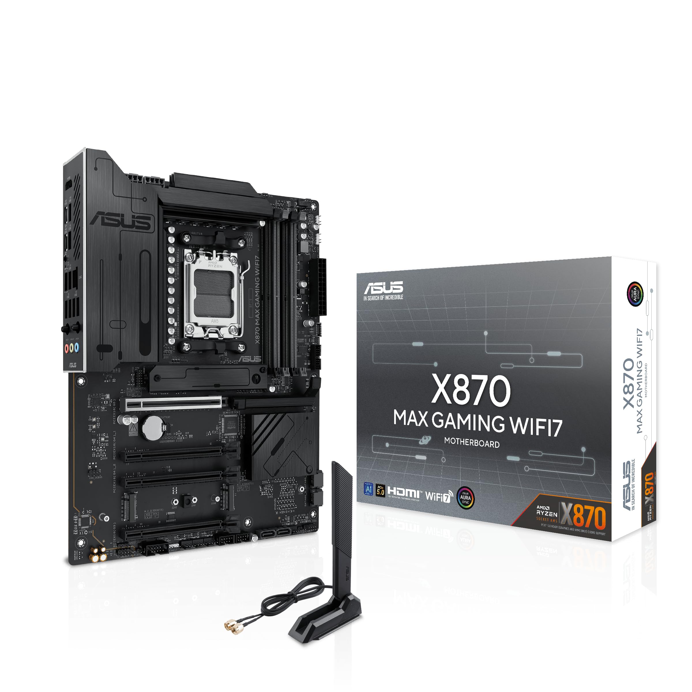 

ASUS X870 MAX Gaming WIFI7 AMD AM5 ATX motherboard with 80A PCIe x16 3x 7 BIOS and Aura 12+2+1 DrMOS, DDR5, 5.0 Q-Release, M.2, Wi-Fi Q-Antenna, 2.5Gb чорний