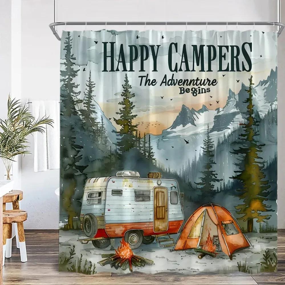Vintage Zasłony Prysznicowe Kempingowe Abstrakcyjny Góra Camper Sceneria Lasu Tkanina Poliestrowa Wystrój Kurtyny Domowej Łazienki z Haczykami