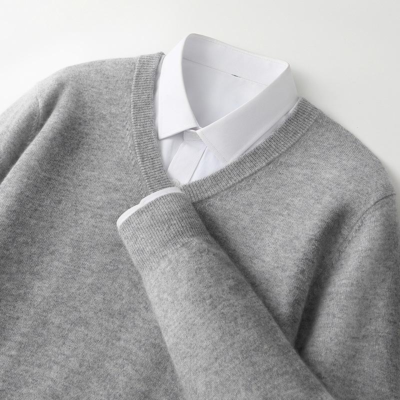 Men's V-Neck 100% Pure Wool Sweater - Solid Color, Short/Long Sleeve, Cashmere Knit Base Layer for Autumn/Winter