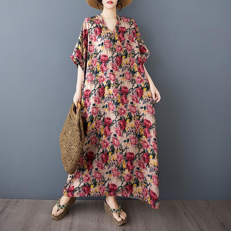 

Dimanaf 2025 Лето Женское Винтажный Принт Лен Большой Размер Длинное Платье Короткий Рукав Повседневное V-образный Вырез Базовое Свободное Платье One Size красный