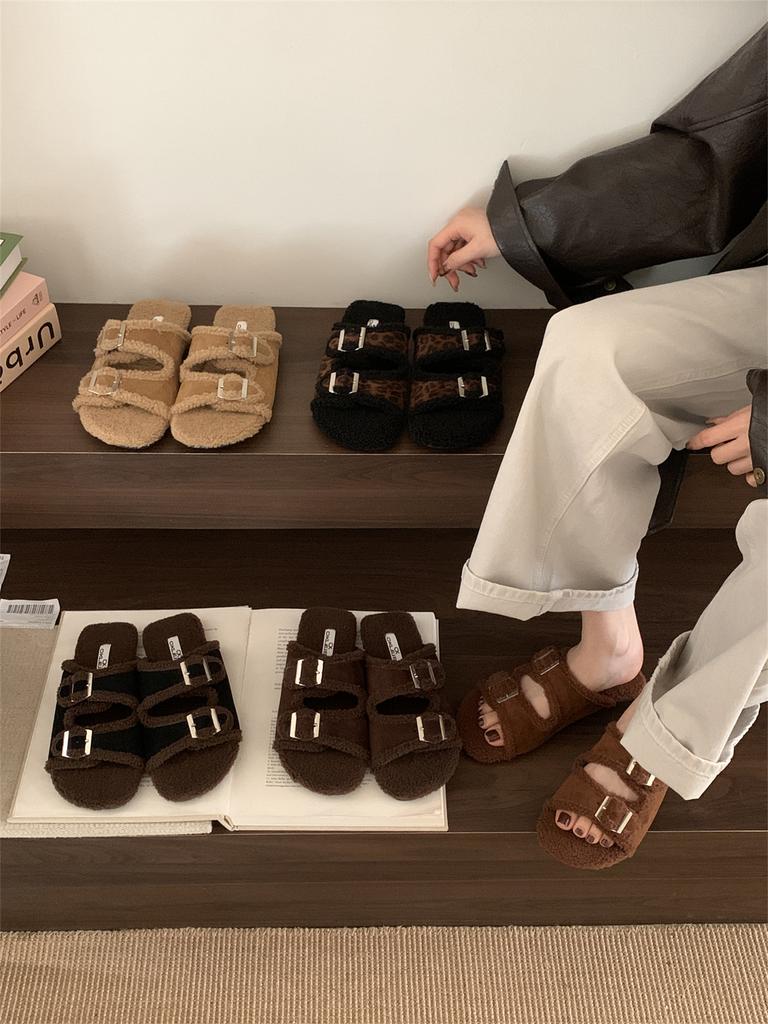 Belt Buckle Retro Birkenstock Fluffy Slippers for Women's Outer Wear 2025 New Autumn and Winter Indoor Flat-bottomed Velvet Cotton Slippers