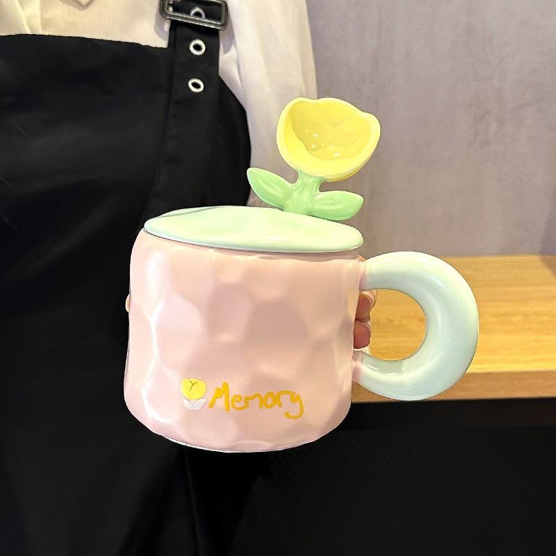 Tulip Mug with Lid Spoon with High Appearance and Cute Home Office Girl Ceramic Drinking Cup Souvenir