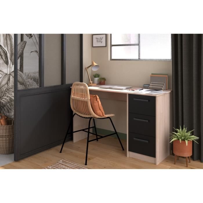 PARISOT Straight Desk 3 Drawers - Oak/black Decor - W 121.4 X D 55 X H 74.5 Cm - ESSENTIEL