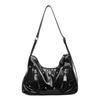 Glossy Faux Leather Hobo Bag Women's Fashion Shoulder Tote with Stud Details and Dual Zip Pockets