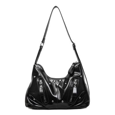 Glänzende Kunstleder Hobo-Tasche Damen Mode Schulter-Tragetasche mit Nieten-Details und zwei Reißverschlusstaschen