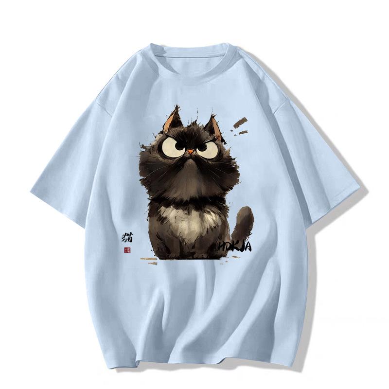 

Американская футболка в стиле ретро с котенком - Нейтральный короткий рукав, Летний уличный стиль, Свободный крой, Стиль хип-хоп 6XL