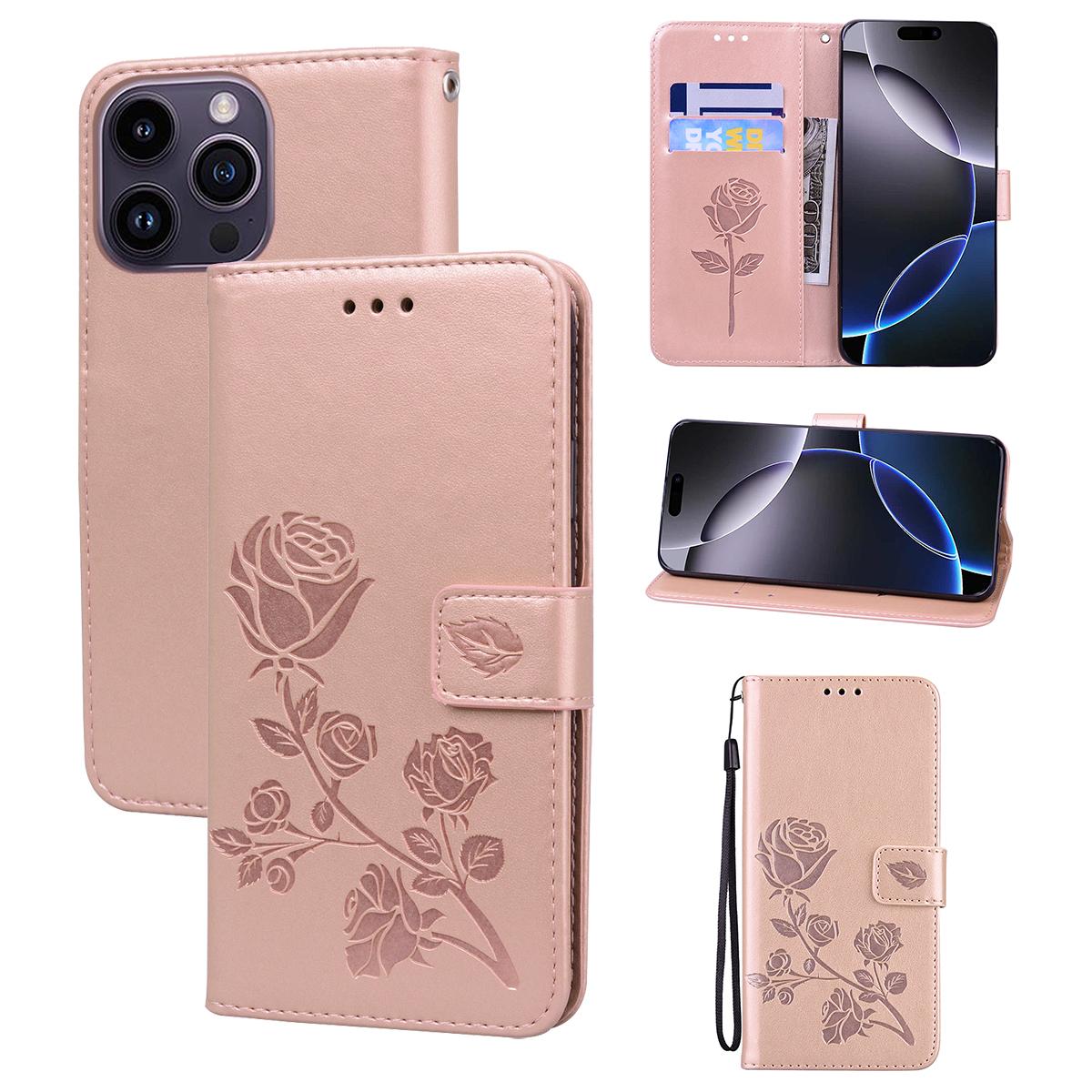 

For iPhone 15 Pro Max Case Rose Pattern Leather Wallet Phone Cover with Strap Rose Gold