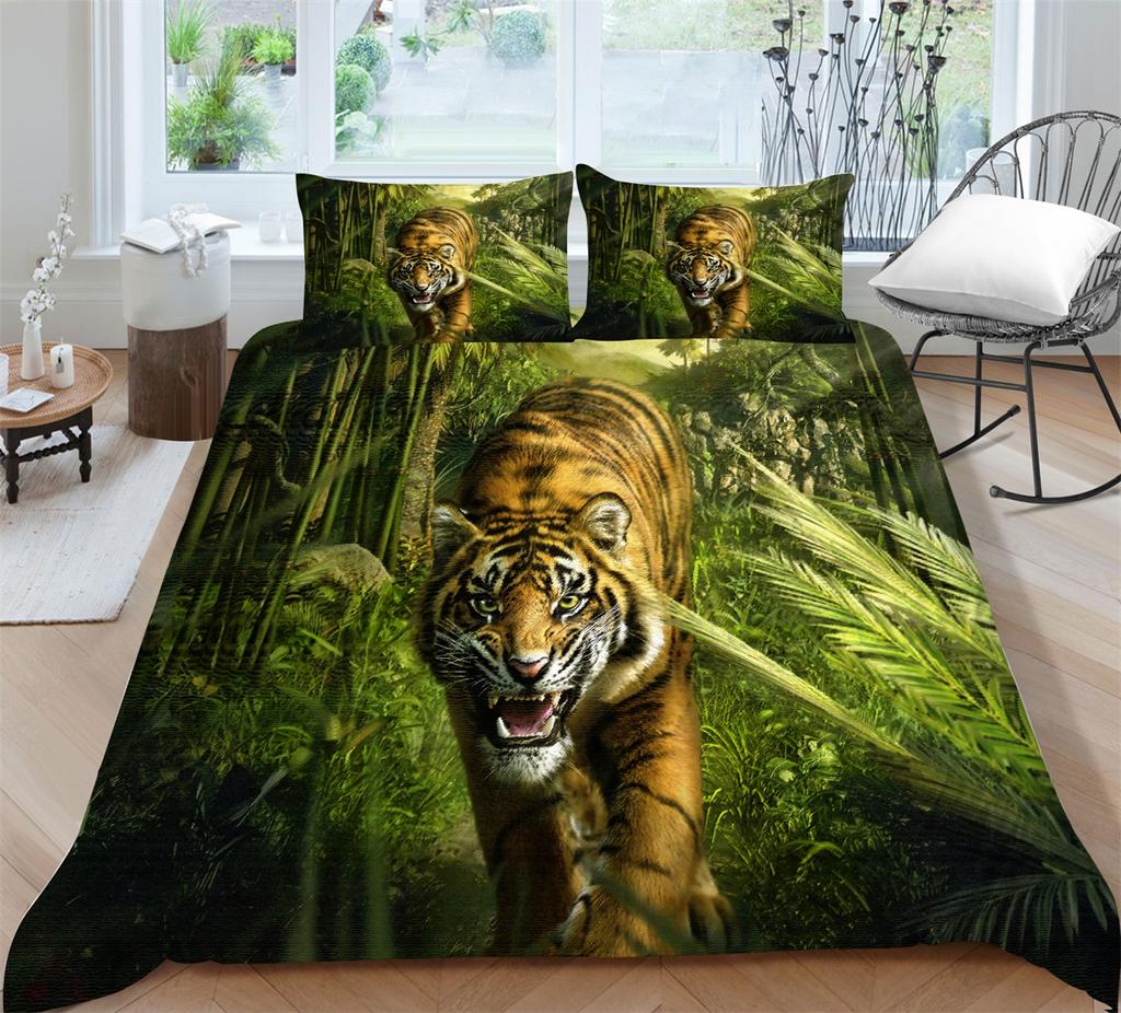3D Tiger Pattern Luxury Home Bedding Set Full Size Quilt Cover and Pillowcase Ferocious Beast Print Washable Comfortable Bedroom Bedding