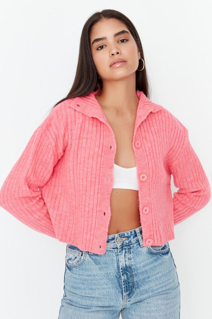 Women's Elegance Style Cardigan Pink Crop Soft Textured Stand Collar Knitwear Cardigan